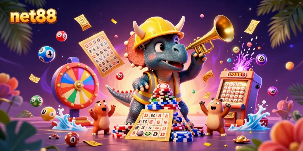 Engage in thrilling gaming with net88: a vibrant 3D casino scene featuring dynamic characters and exciting gambling elements.