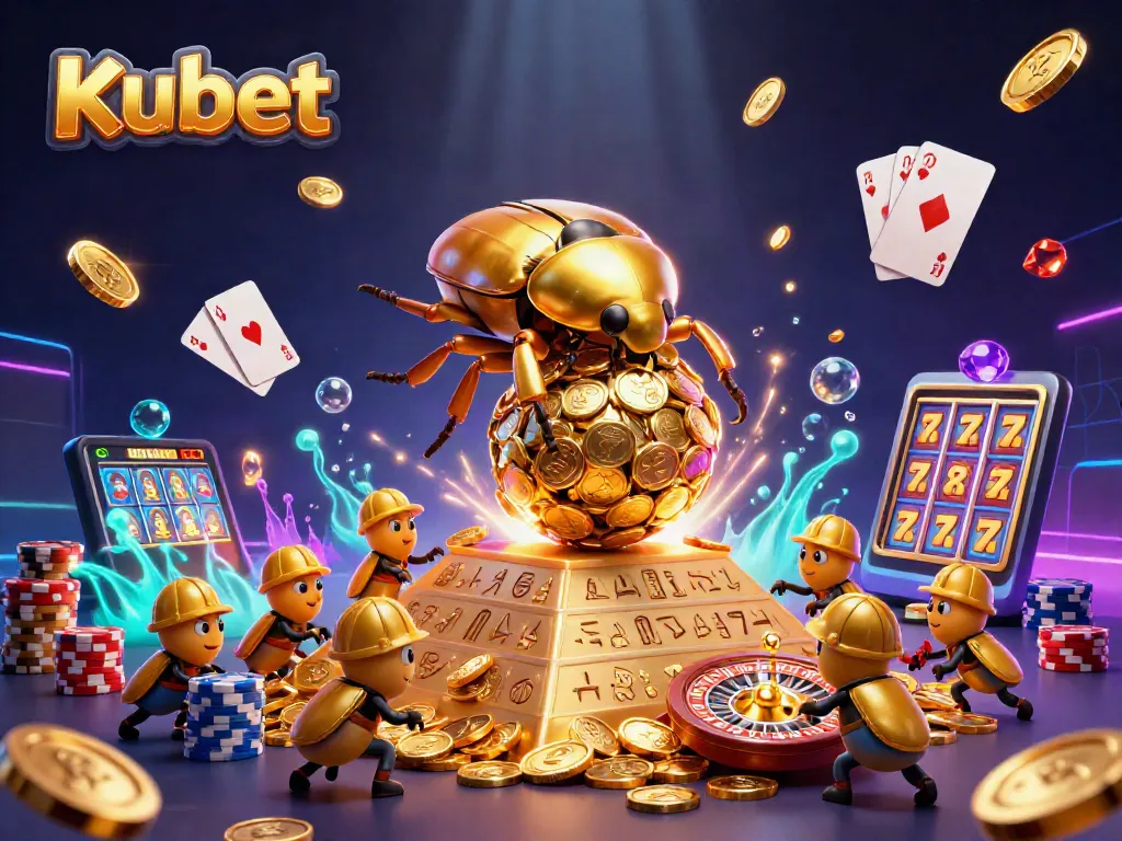 Kubet offers thrilling casino action with golden coins, vibrant gaming elements, and a vibrant cartoon illustration.