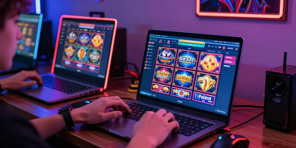 Engaging gaming scene with vibrant colors showcasing situs slot gacor interface on a laptop.