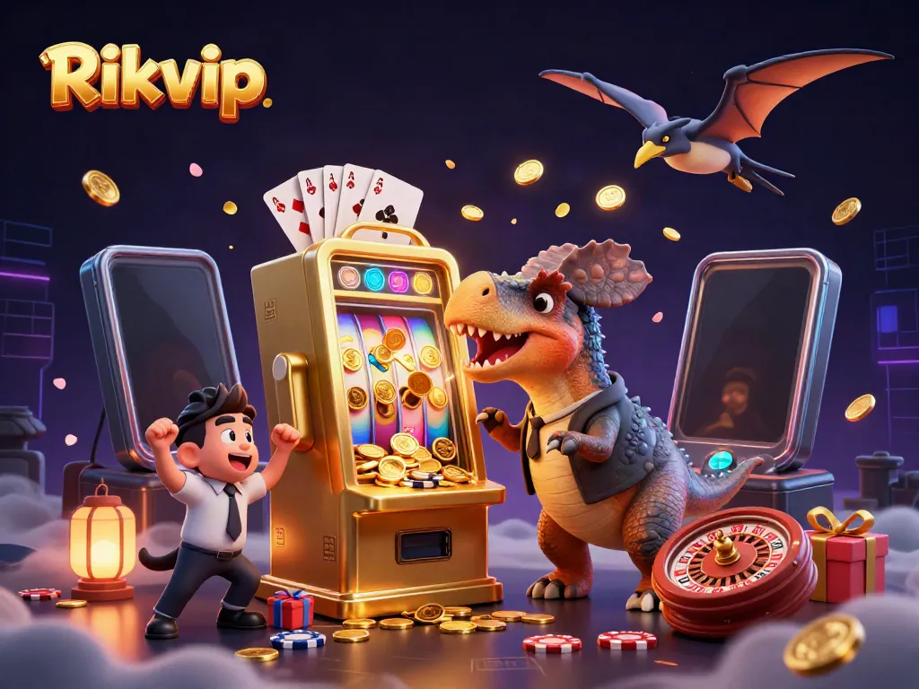 Rikvip engages players with an energetic jackpot scene featuring cartoon dinosaurs and casino elements.