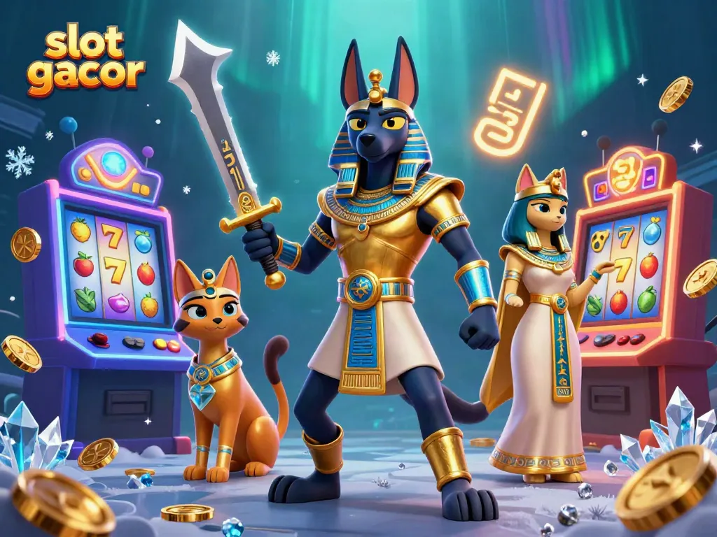 Experience the excitement of slot gacor with colorful slot machines and ancient warriors in a vibrant casino scene.