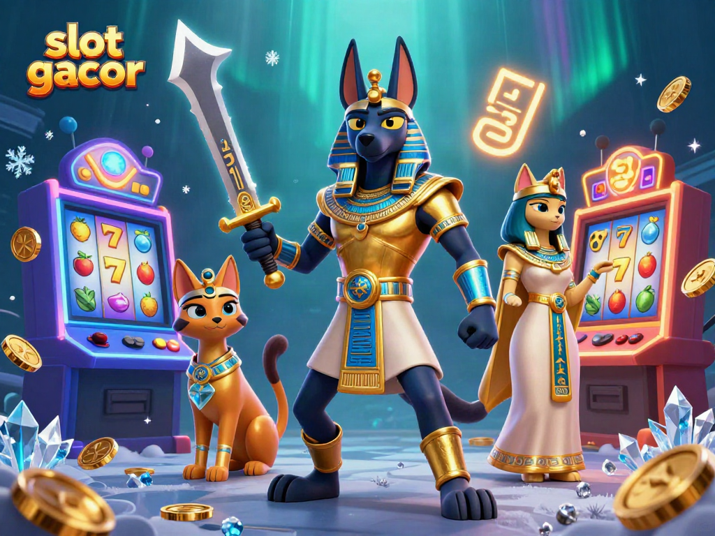 Experience the excitement of slot gacor with colorful slot machines and ancient warriors in a vibrant casino scene.