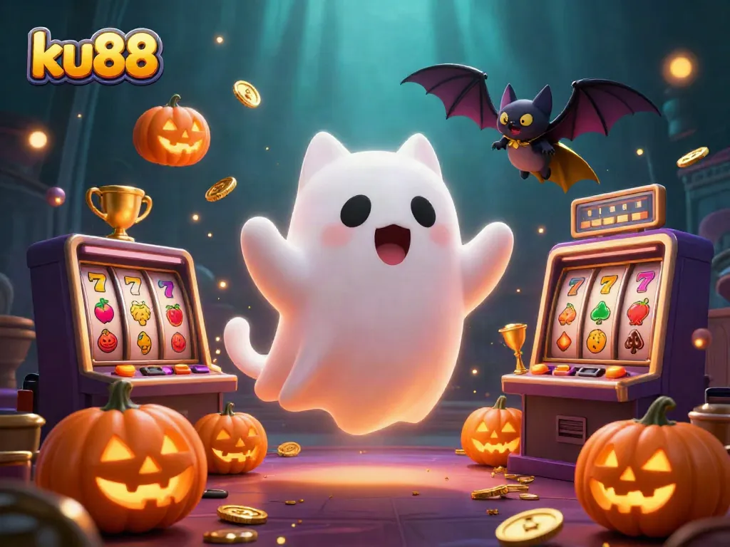 ku88 offers thrilling slots in an enchanting haunted casino scene with a ghost cat and bat companion.