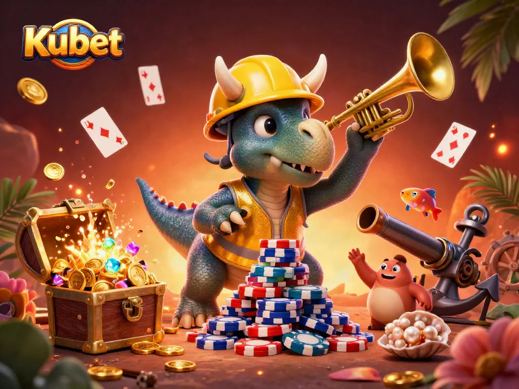 Kubet celebrates a big win with cartoon dinosaurs and colorful casino elements in a vibrant 3D scene.