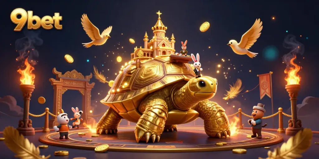 Experience thrilling games at 9bet with a lively installation of a golden tortoise casino showcasing vibrant dealer actions and golden coin animations.