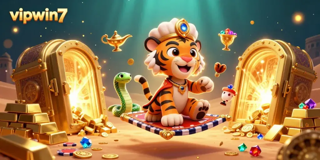 Exciting gambling scene with vipwin7's tiger sultan flying on poker chip carpet.