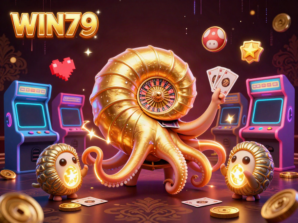 Join the excitement at WIN79 with a vibrant scene featuring a giant nautilus roulette wheel and glowing arcade elements.