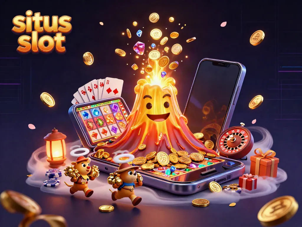 Witness the excitement of situs slot with a golden volcano erupting coins, tiny explorers, and vibrant slot game elements.