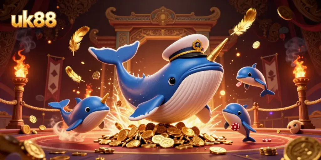 Engage in winning strategies at uk88, featuring playful dolphins and a majestic whale in a thrilling casino scene.