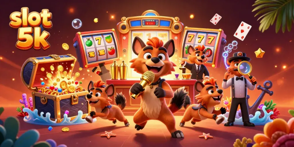 Engage in thrilling gameplay with slot 5k amid hyenas running a casino club, showcasing vibrant game symbols.