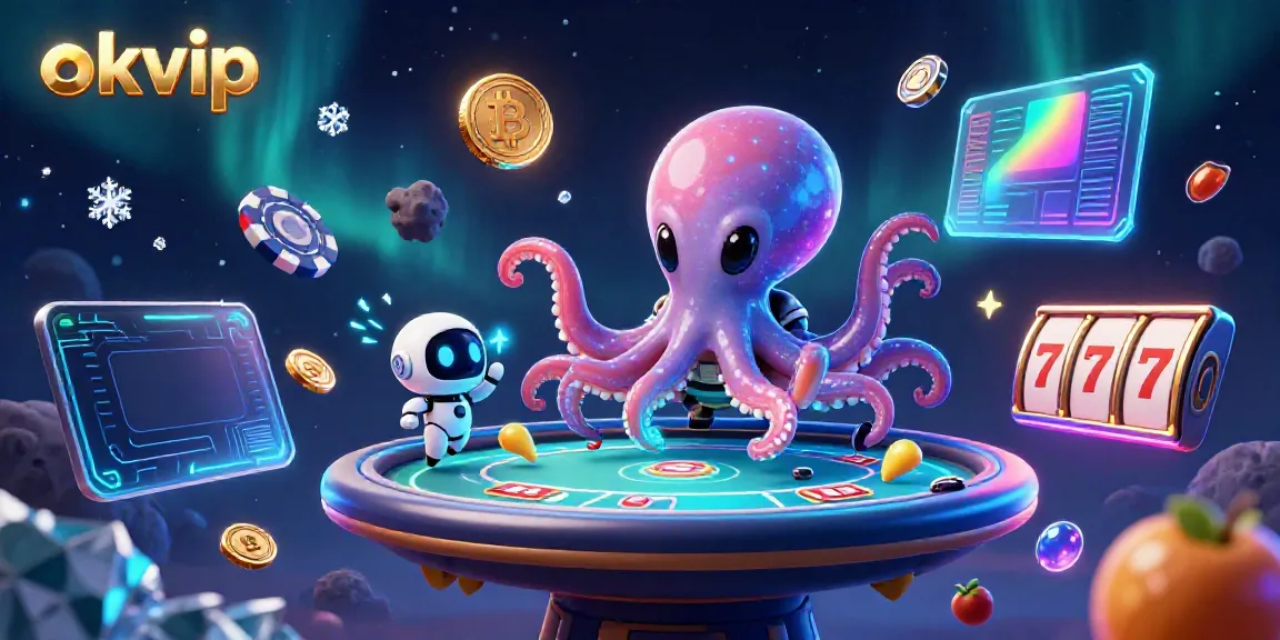 Engage with okvip's thrilling slot games featuring an alien octopus and vibrant 3D elements.
