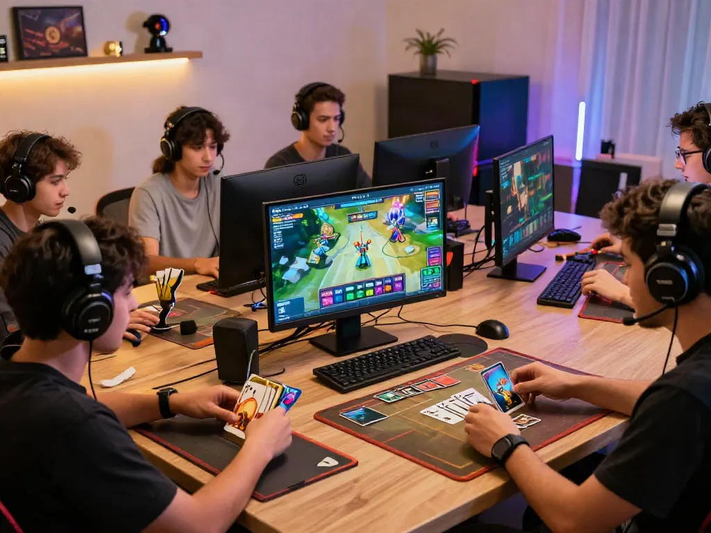 Hit club gaming scene with players immersed in a card game and colorful digital graphics.
