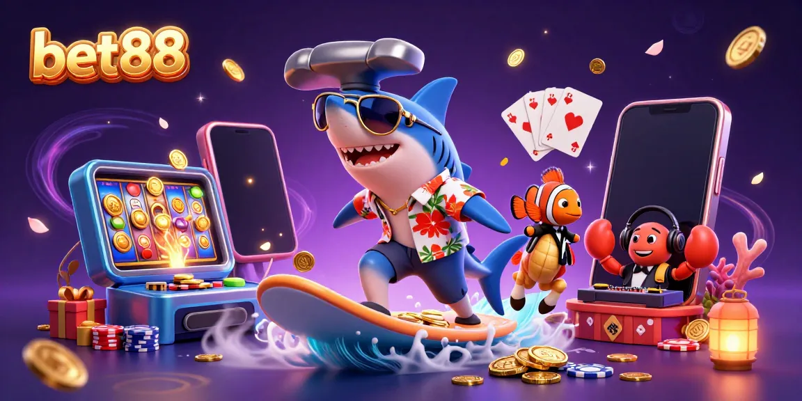 Experience the vibrant world of bet88 with the shark surfing gold coins amid a colorful casino atmosphere.