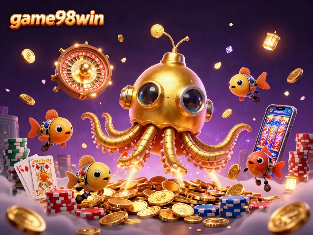 Experience thrilling games at game98win with a vibrant 3D casino scene full of golden coins and excitement.