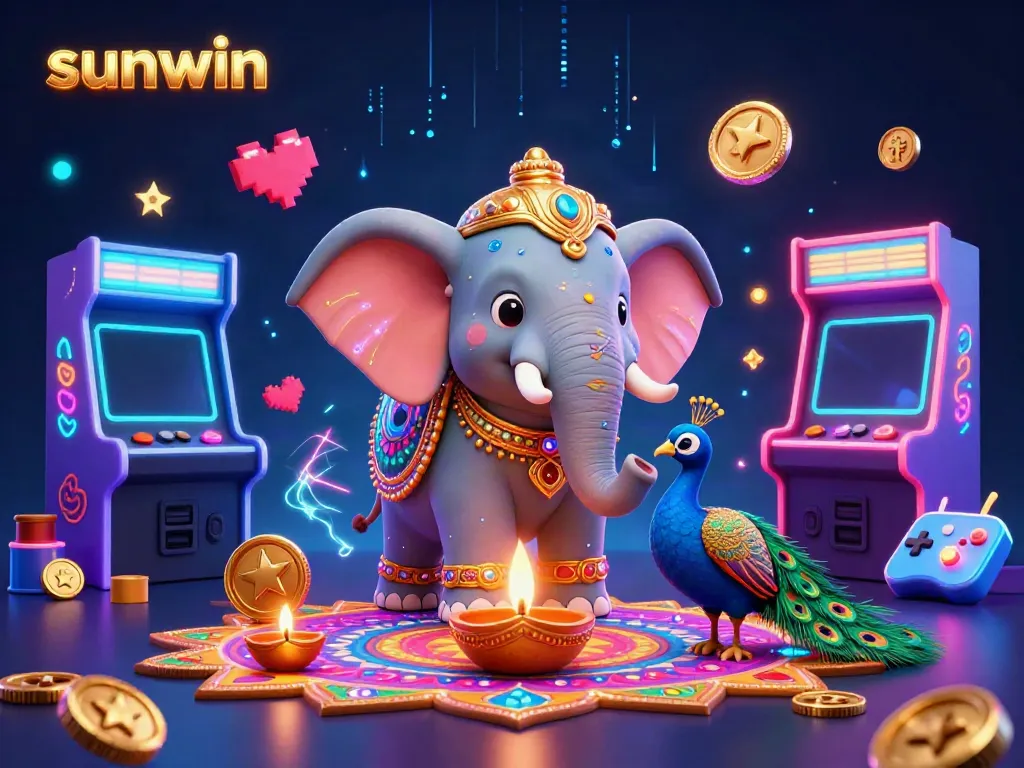 Engage with sunwin's vibrant casino experience featuring an ornate elephant and arcade-style gaming.
