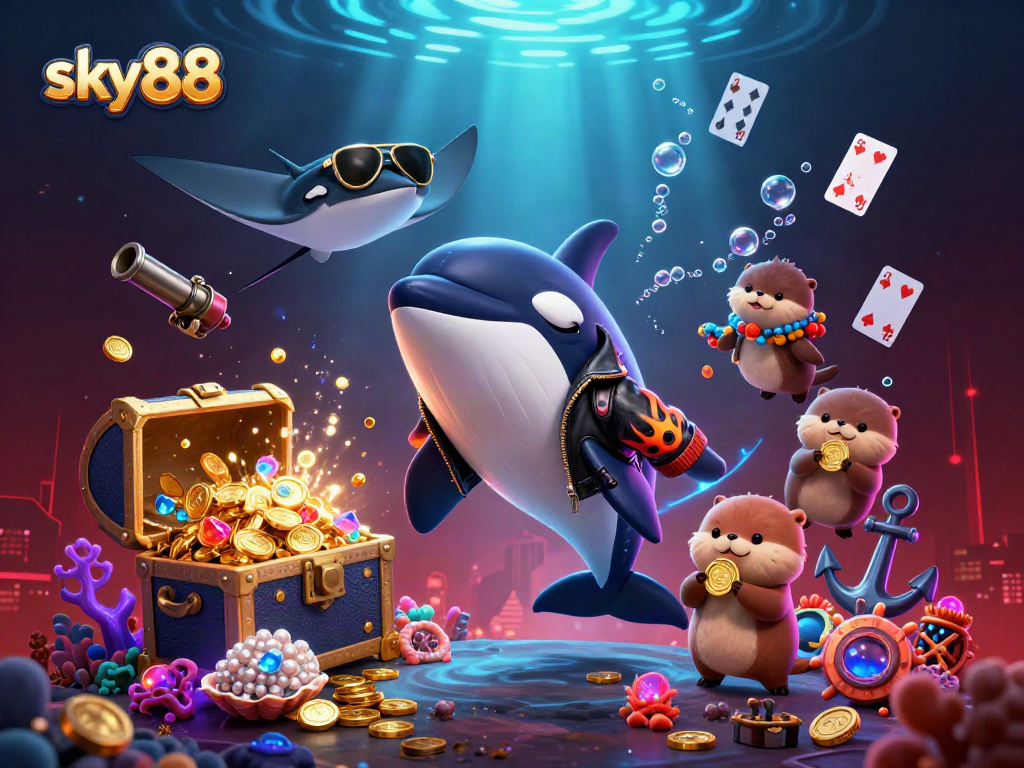 sky88 casino adventure with an orca whale, cool stingray, and otters winning golden coins underwater