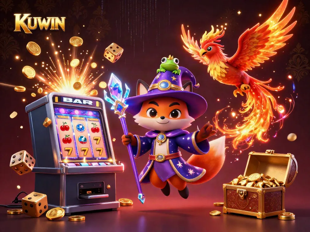 KUWIN's vibrant casino scene with a mystical wizard fox, jackpot slot machine, and dynamic game elements.