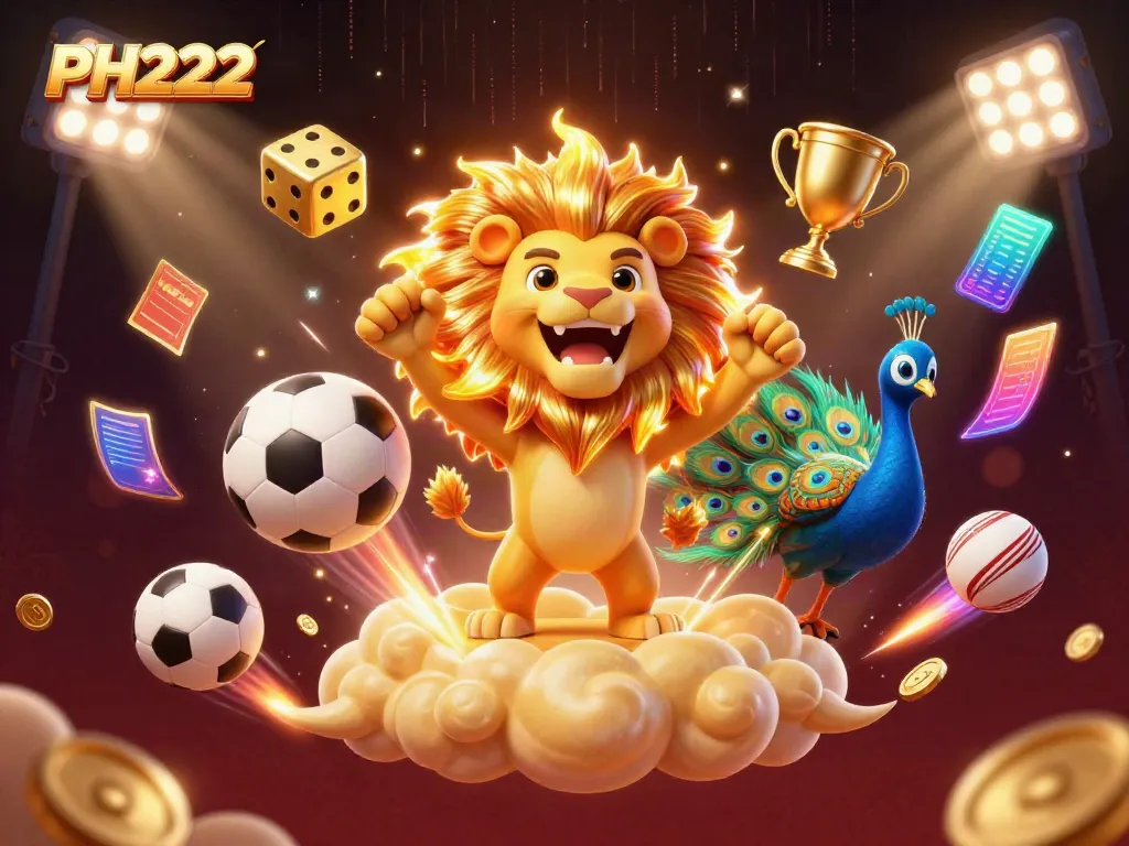 PH222 online casino scene featuring cartoon lion, golden dice, and sports elements.