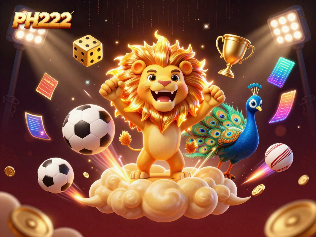 PH222 online casino scene featuring cartoon lion, golden dice, and sports elements.