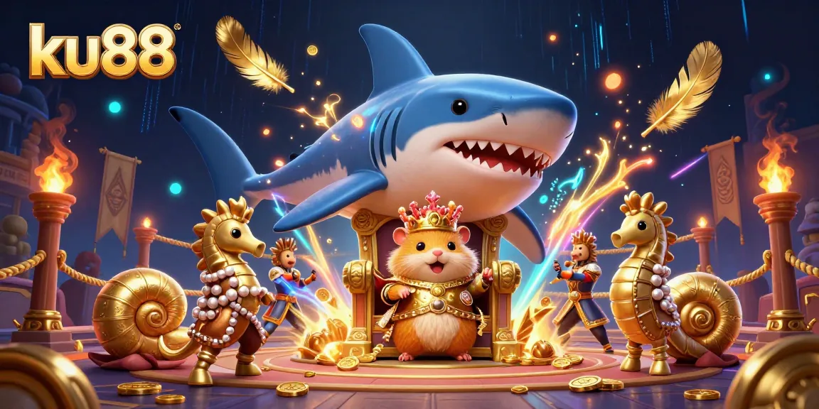 Bet on ku88's exciting adventures with a royal hamster king amidst lavish casino-themed illustrations.