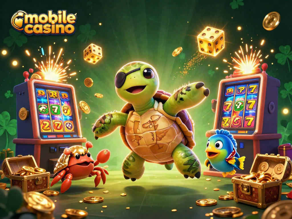 Join the fun with this mobile casino scene featuring exciting characters above jackpot winnings.