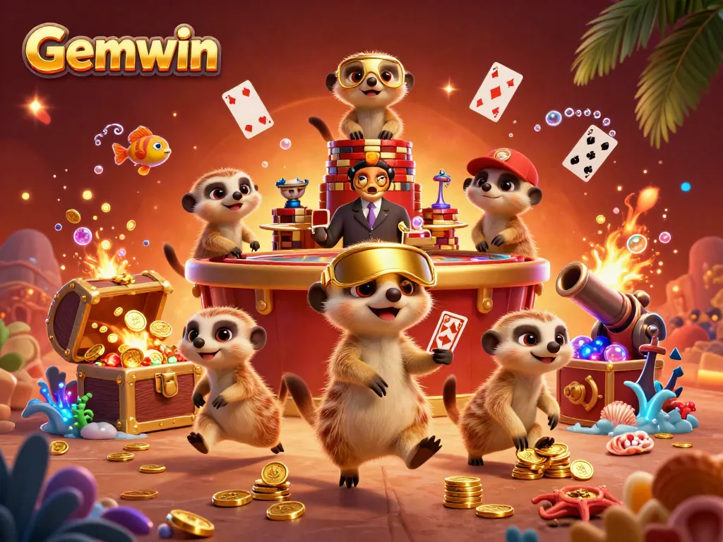 Experience Gemwin's charming casino scene with meerkats and vibrant elements, creating an engaging atmosphere.