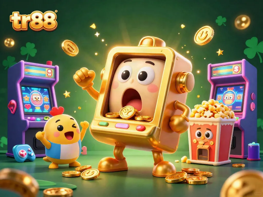 tr88 slot machine hitting a jackpot with coins pouring out, surrounded by cheering baby slots and gaming elements