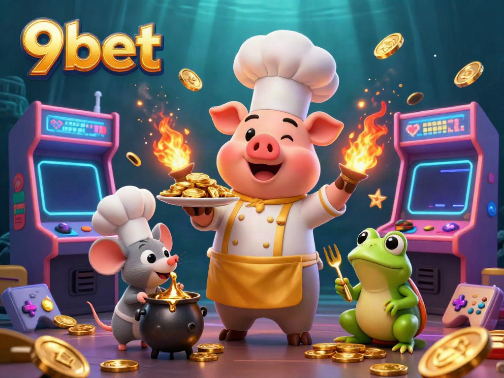 Win big at 9bet with enticing gold coins presented by a gourmet chef in a vibrant gaming scene.