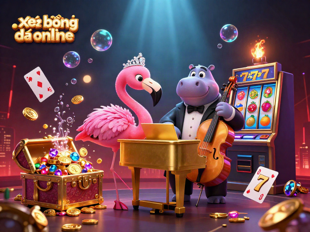 Bet on xem bóng đá online with our vibrant casino scene featuring a flamingo singer and hippo bassist.