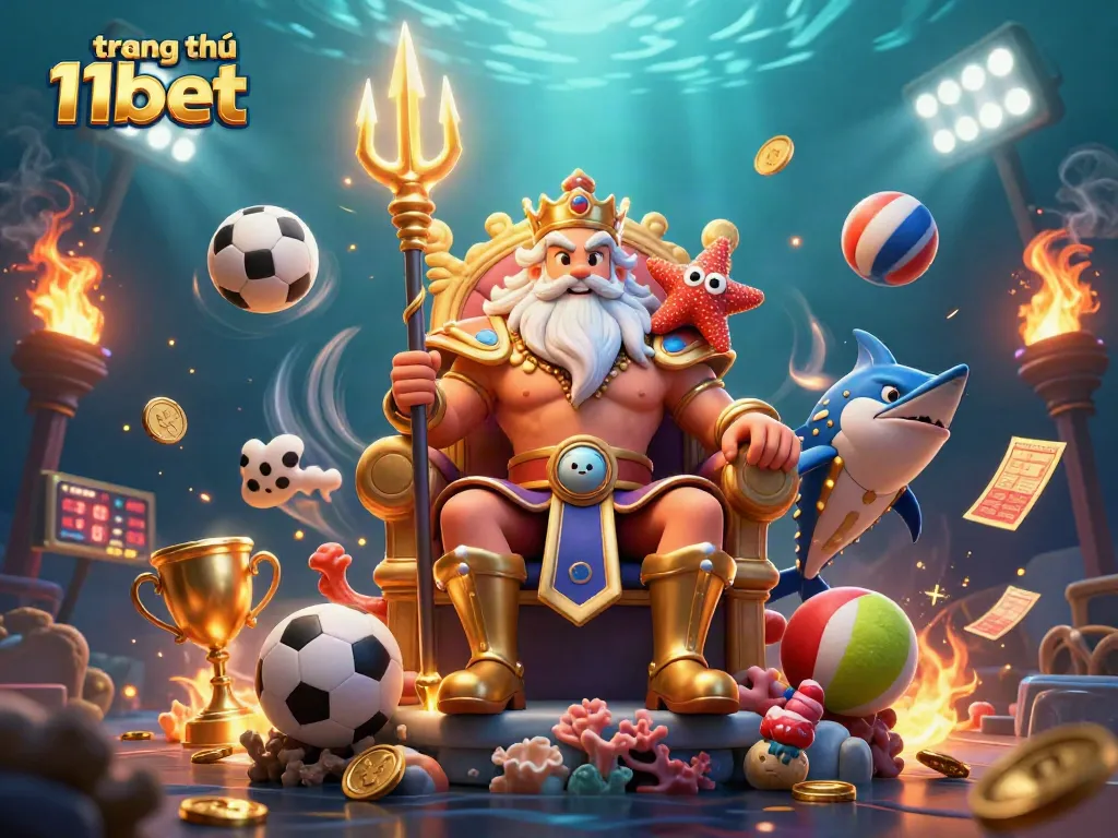 Bet on trang chủ 11bet with a cartoon sea king and vibrant sports elements in an exciting casino scene.
