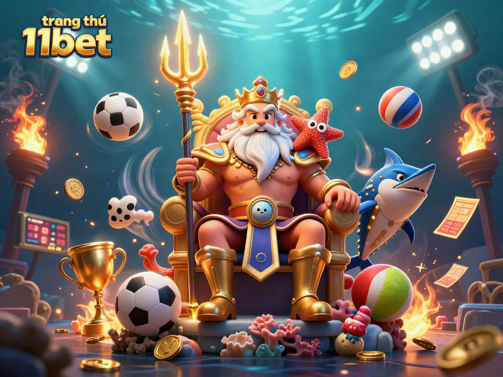 Bet on trang chủ 11bet with a cartoon sea king and vibrant sports elements in an exciting casino scene.