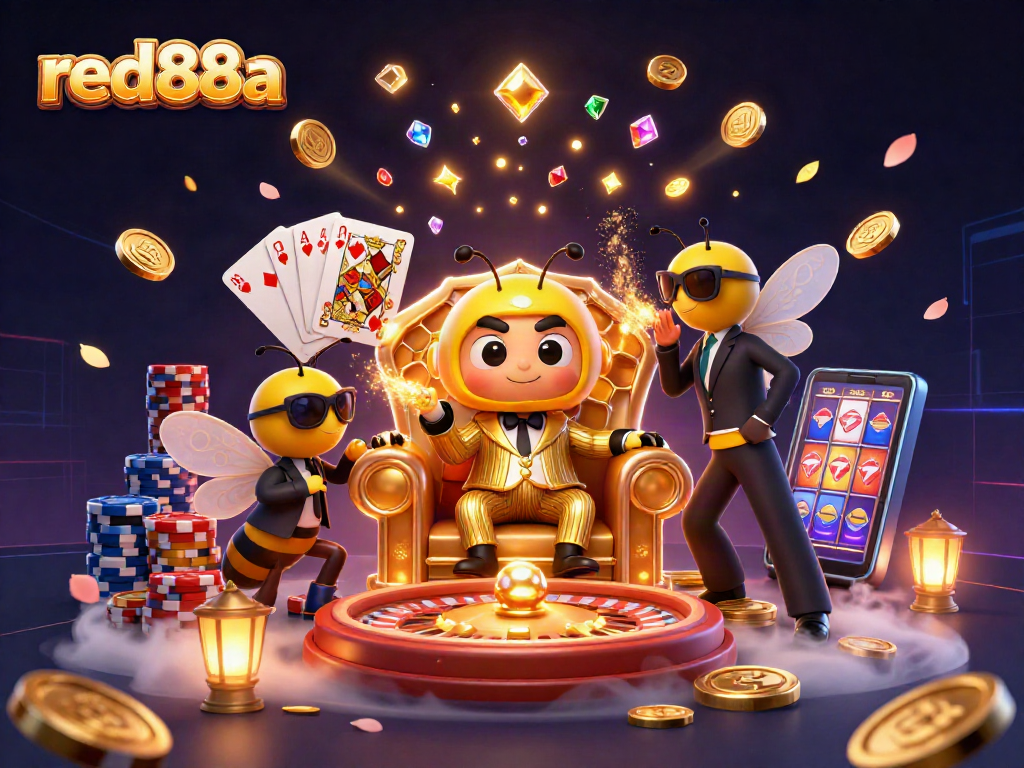 Win big at red88a with a vibrant illustration featuring a casino scene of grandeur, showcasing a bumblebee mob boss.