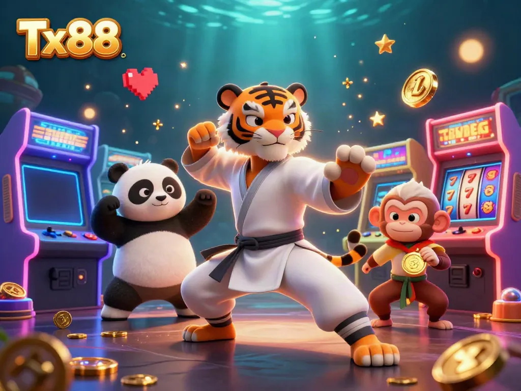 Experience the thrill of Tx88 with a vibrant 3D gaming scene featuring a kung fu tiger master, panda, and monkey amid colorful casino elements.