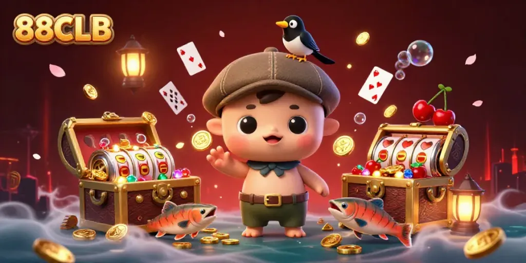 Experience 88CLB's playful casino environment with a cute 3D Nessie and vibrant game elements.
