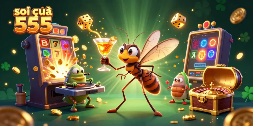 Experience thrilling fun with soi cầu 555 in a vibrant casino-themed illustration featuring animated characters and games.