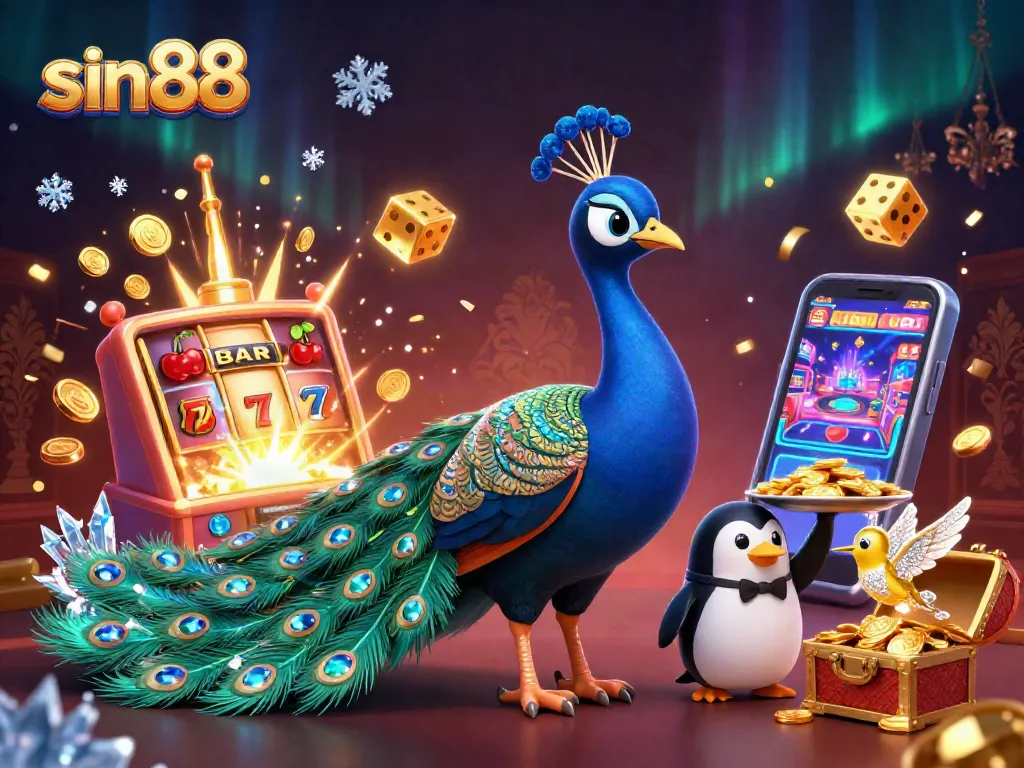Experience the thrill of sin88 casino with a vibrant scene bursting with slot machine excitement and lively characters.