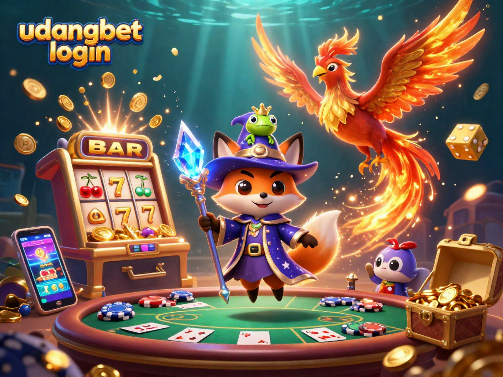 Experience excitement with udangbet login through a mystical gambling adventure illustration.