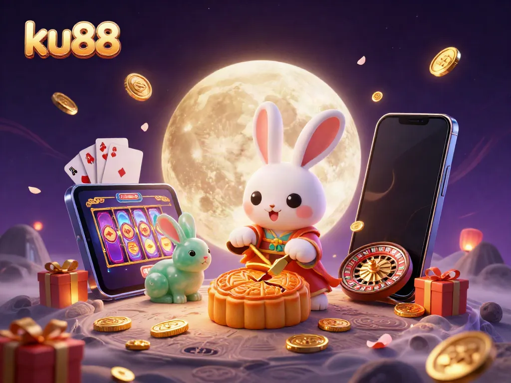Experience the thrilling world of ku88 with a captivating casino scene featuring a playful moon rabbit, spinning slots, and a dazzling background.