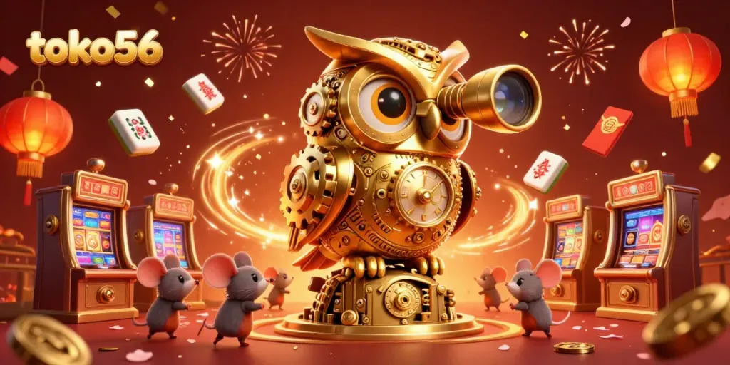 Experience exhilarating wins with toko56's vibrant casino scene featuring a golden owl and swirling confetti.