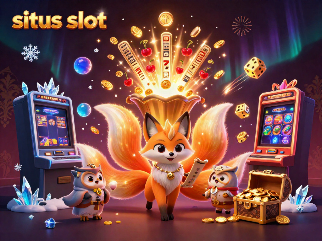 Engaging illustration of situs slot featuring colorful characters amidst a jackpot scene with slot machines and treasure.