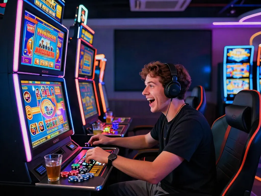 Player engaged at a modern slot machine, illuminated by vibrant lights and gaming graphics.