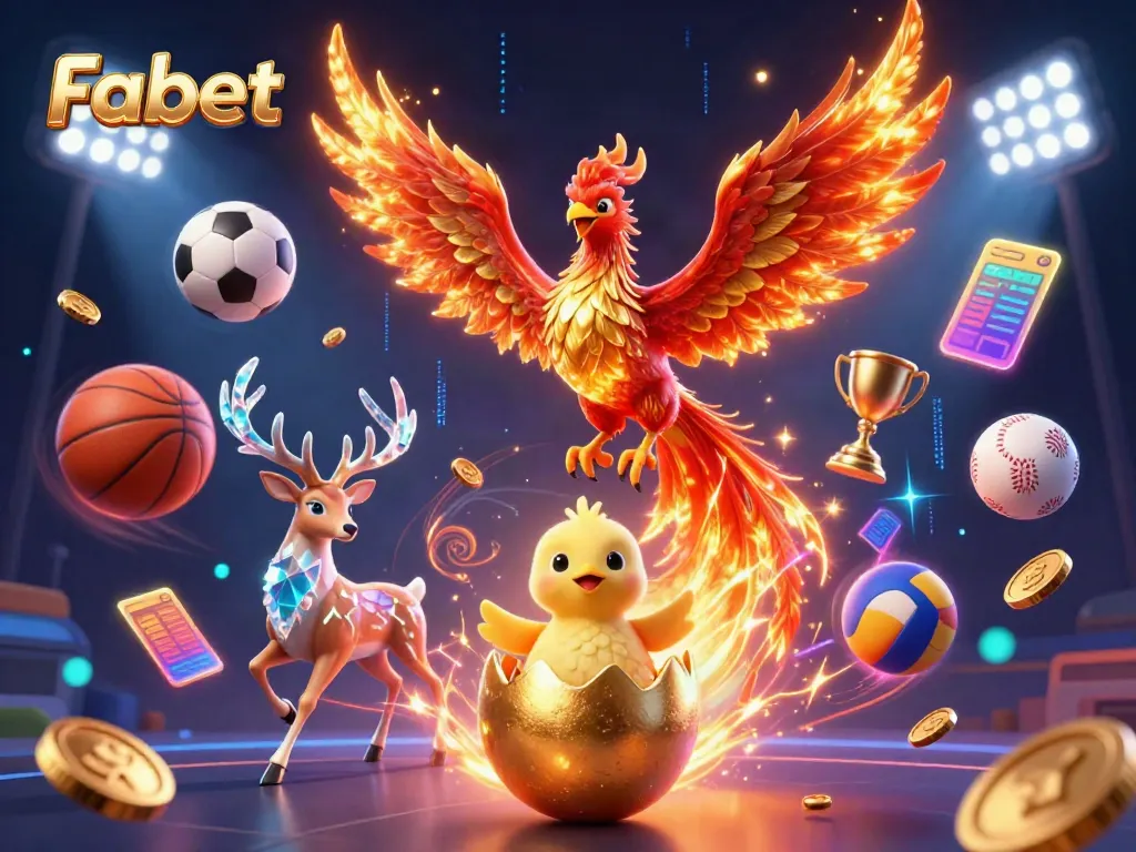 Fabet offers vibrant casino excitement with a fire phoenix and baby phoenix in a gaming scene.