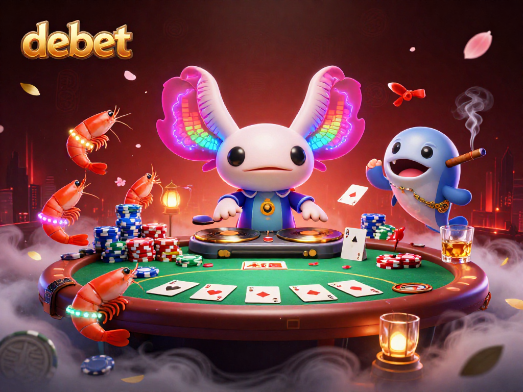 Experience vibrant debet action with a neon axolotl DJ and poker excitement in a lively casino scene.