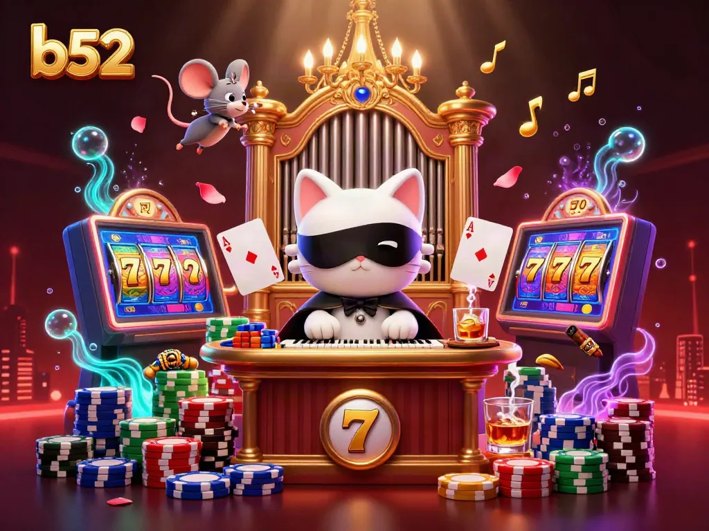 Engage with the b52 casino scene featuring a phantom cat, colorful poker elements, and vibrant slot machines.
