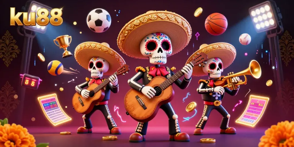 ku88 offers a vibrant gambling experience with a mariachi band and dynamic game elements in a casino setting.