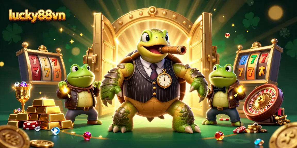 Engage in thrilling gaming with lucky88vn's vibrant scene of a turtle tycoon and treasures galore.