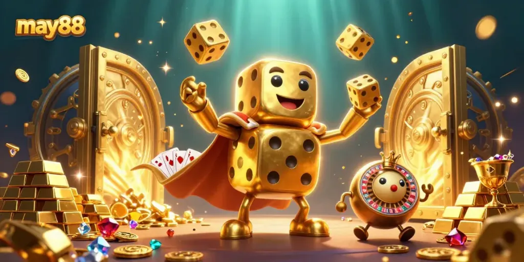 Experience gaming excitement with may88 featuring golden dice, casino elements, and treasure.