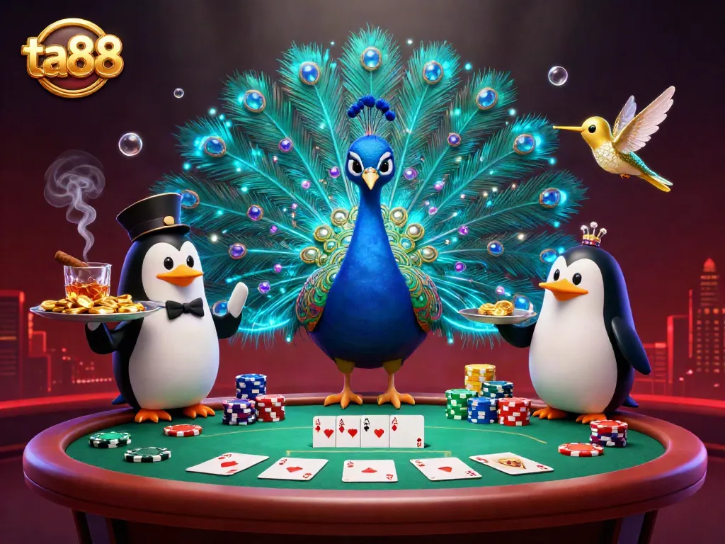 Experience thrilling poker at ta88 with animated characters, poker chips, and casino excitement.