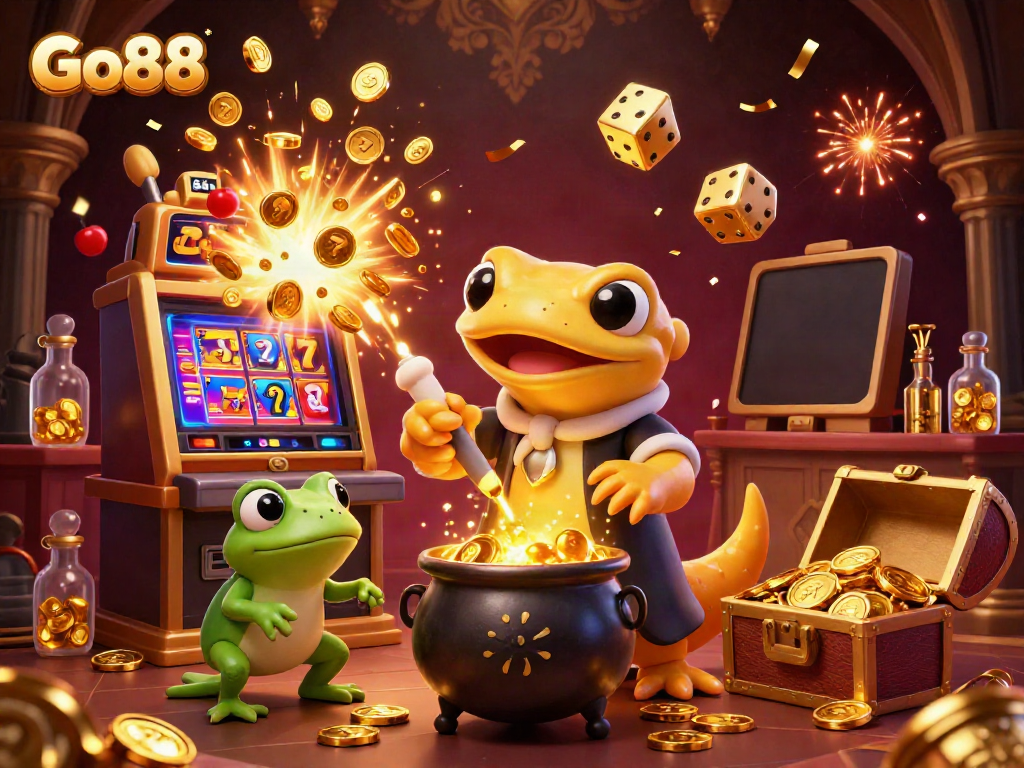 Experience gambling excitement with Go88's magical casino scene overflowing with gold.