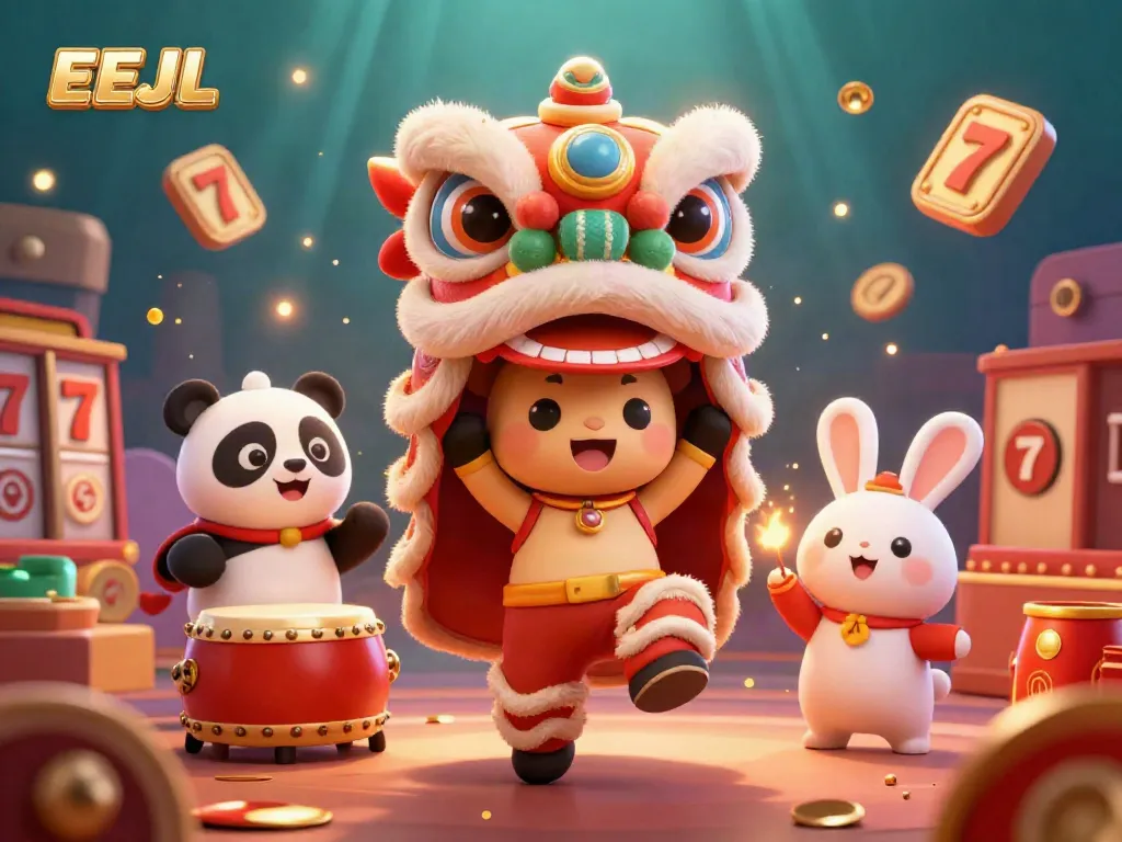 Engage with thrilling EEJL experiences in this lively casino scene featuring a vibrant lion dance.
